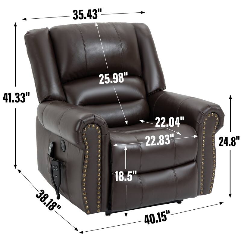 Brown Genuine Leather Power Lift Recliner Chair with Dual Motor, 8-Point Vibration Massage, Heated, USB Ports
