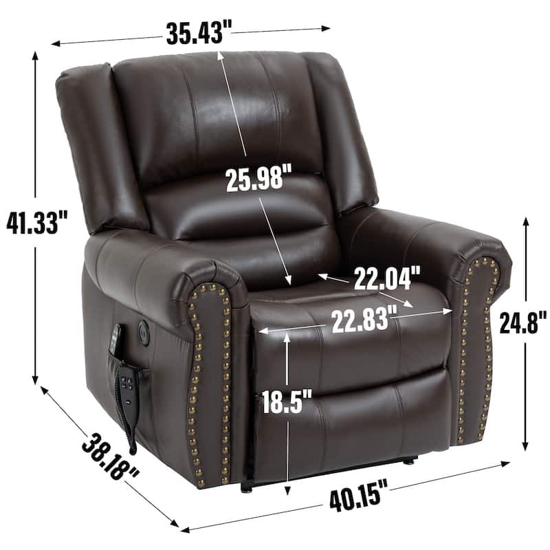 Brown Genuine Leather Power Lift Recliner with Dual Motors, Heated Massage, USB Ports, and Adjustable Recline