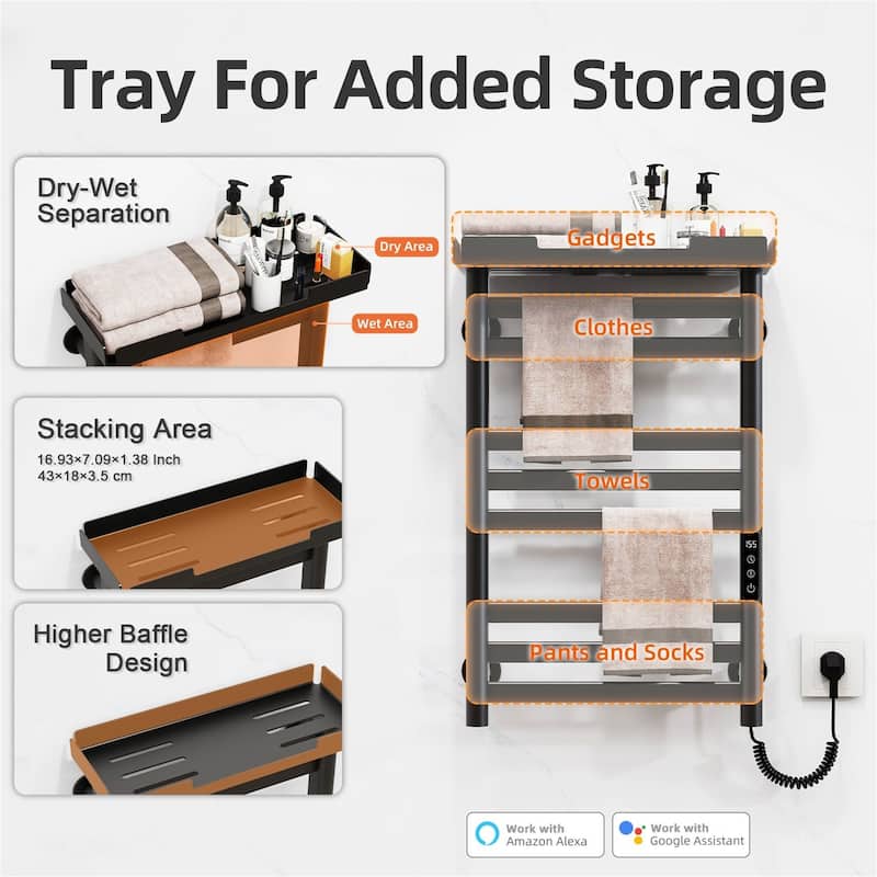 Heated Towel Rack with Shelf and Wi-Fi App Control
