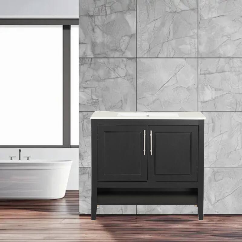 Modern 36" Bathroom Vanity with Ceramic Sink, Two Drawers and Two Doors, Solid Wood & MDF Construction - Black