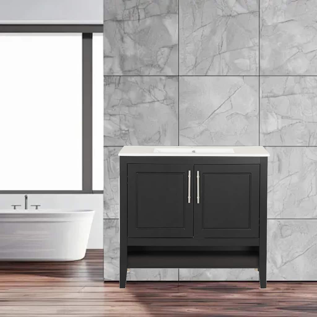 Modern 36" Bathroom Vanity with Ceramic Sink, Two Drawers and Two Doors, Solid Wood & MDF Construction