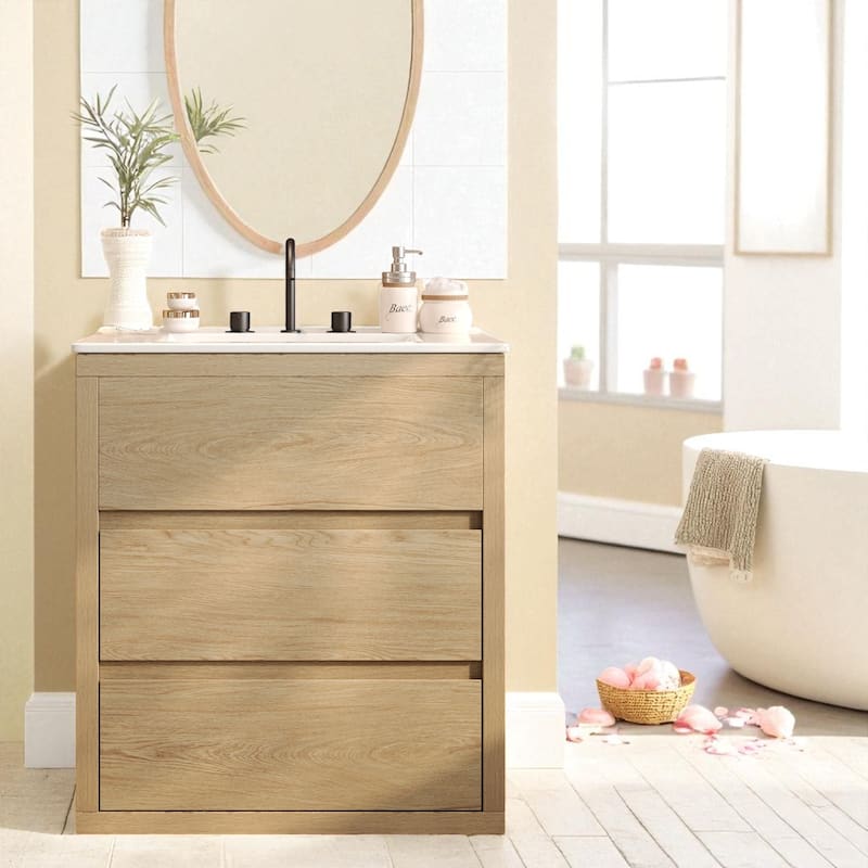 60" Double Sink Bathroom Vanity Set with Two 30" Cabinets, Ceramic Sinks, Soft Close Drawers