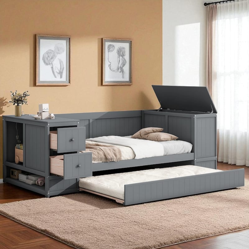Twin Size Daybed with Storage Arms, Trundle and Charging Station, Solid Wood Frame with Drawers and USB Ports