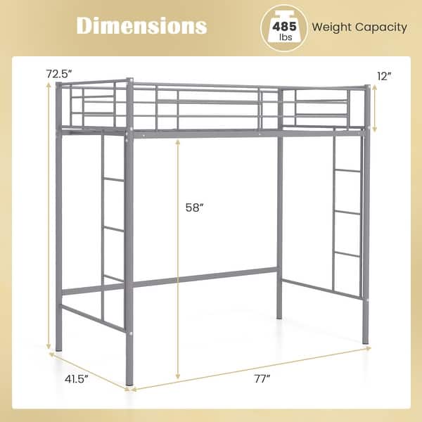 dimension image slide 2 of 3, Costway Twin Size Loft Bed Heavy Duty Metal Loft Bed Frame with Safety