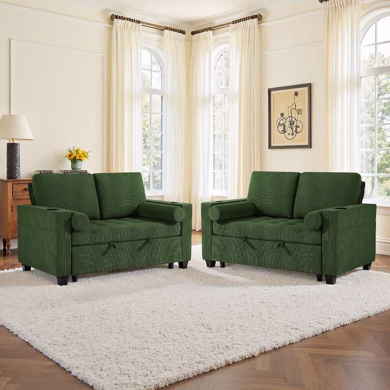 2 Set Multi-Functional Sleeper Sofa Bed 3-in-1 Pull-Out Convertible Adjustable Loveseat with USB Port