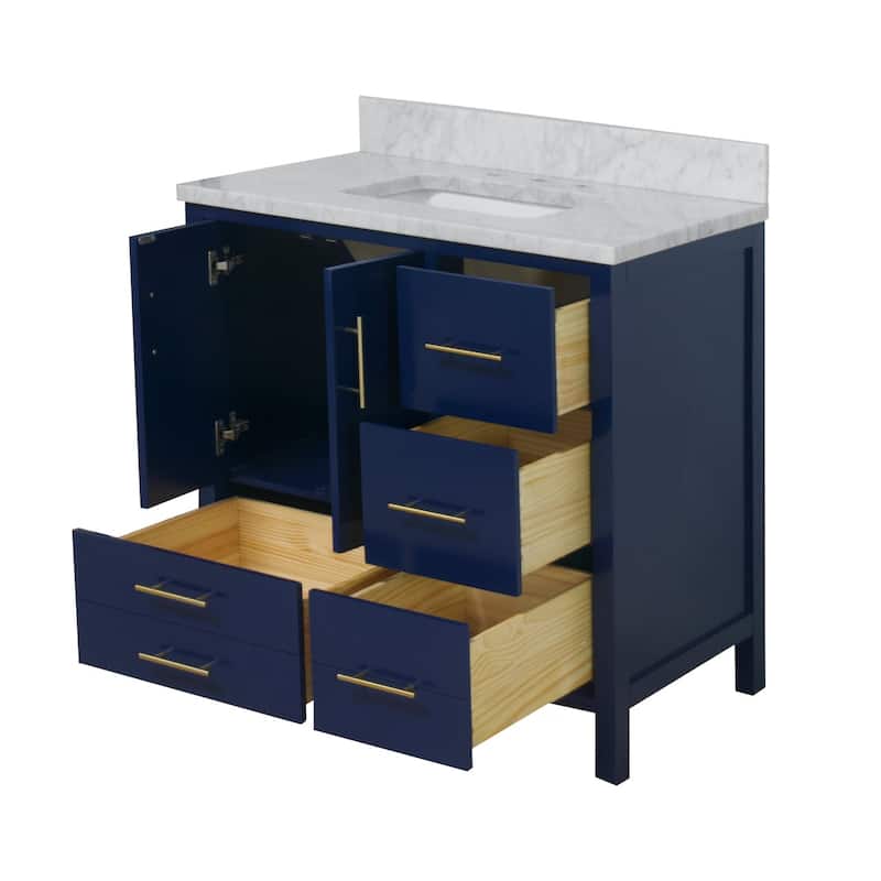 KitchenBathCollection California 36" Bathroom Vanity with Carrara Marble Top