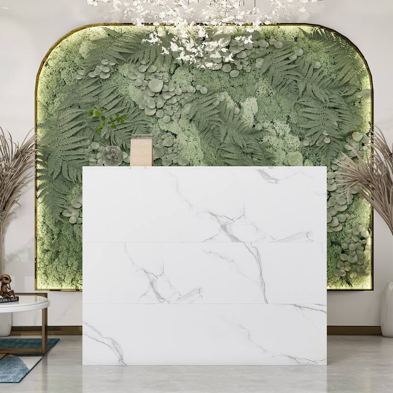 Timechee Reception Desk L-Shaped Counter with Drawers, Marble Texture