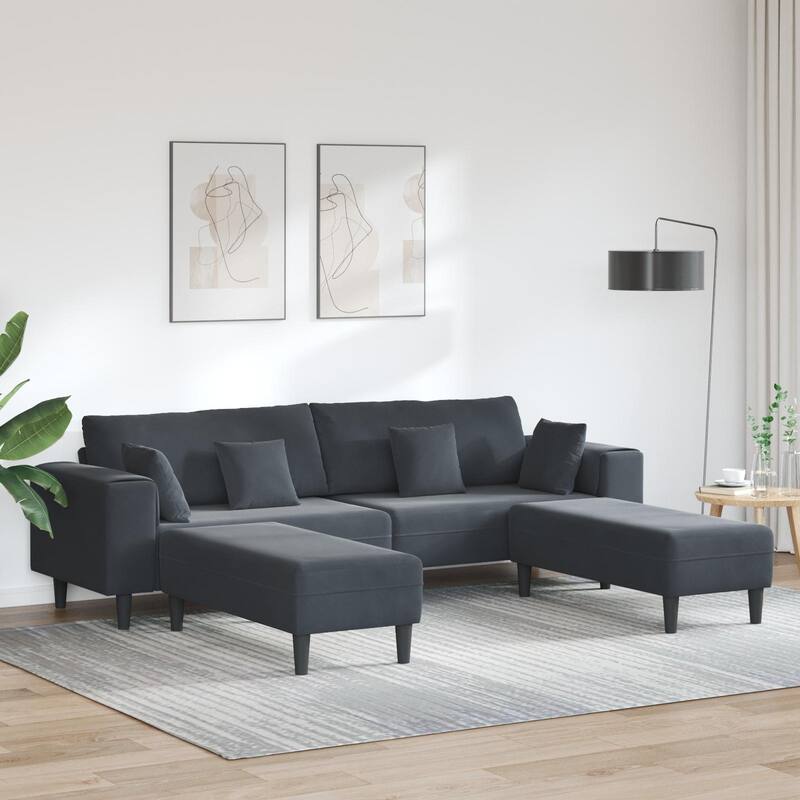 vidaXL Velvet Sofa with Cushion with Pillow Black/Dark Grey 208 cm Velvet - Grey U-Shaped Sofa