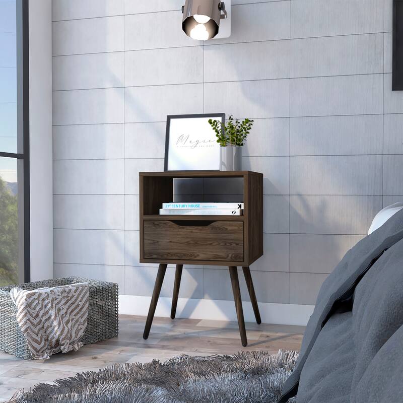 Modern Nightstand with Drawer and Open Shelf, Dark Walnut Finish, Space-Saving Design - Brown