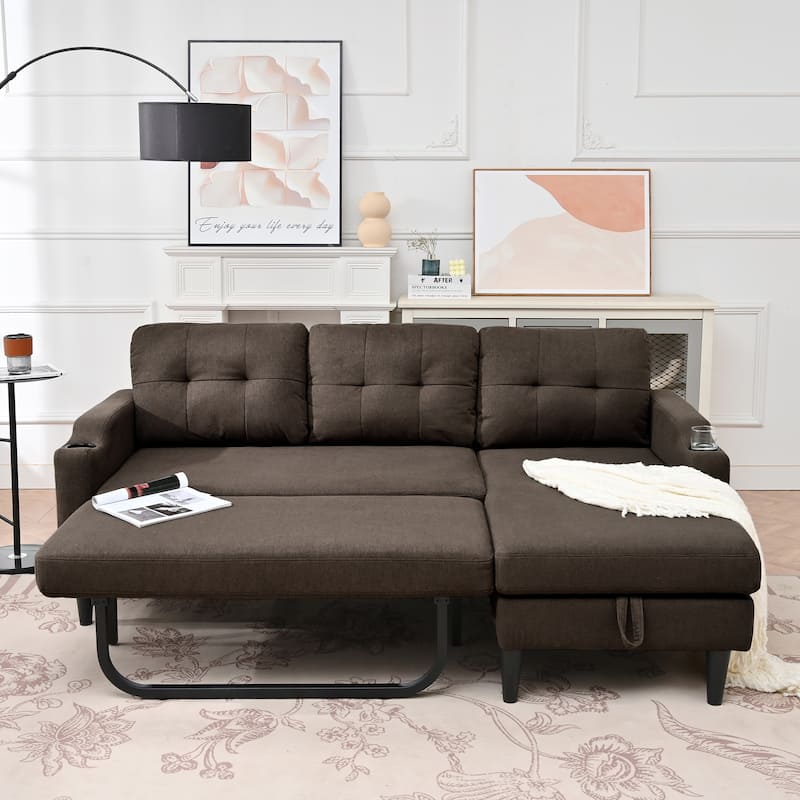 Pull Out Couch, L Shaped Convertible Sleeper Sofa Bed with Hidden Storage, 3-in-1 Upholstered Sectional Sofa with Cup Holder - Brown
