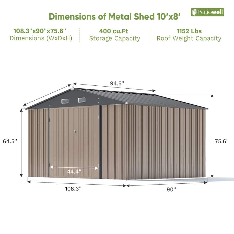 Patiowell 10' x 8'/10' x 10'Metal Outdoor Storage Shed with Goods Shelves/Floor Frame Garden Tool Shed for Backyard Garden