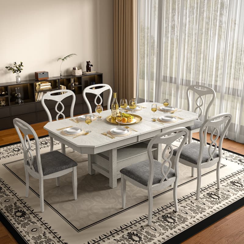 VECELO 4 to 6 Rubber Wood Extendable Dining Set with Fish Cutout Chairs with Dual Storage Upholstered Seat - 7-Pieces Set