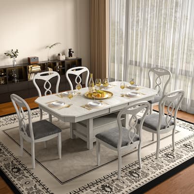 VECELO 4 to 6 Rubber Wood Extendable Dining Set with Fish Cutout Chairs with Dual Storage Upholstered Seat