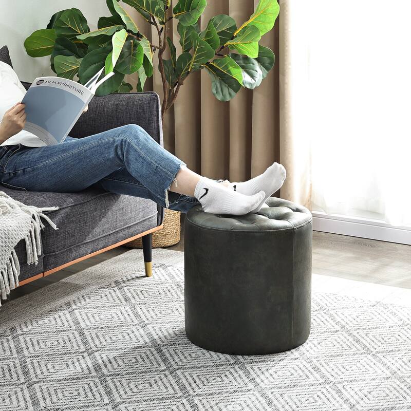 Adeco Round Ottoman Upholstered Tufted Faux Leather Footrest