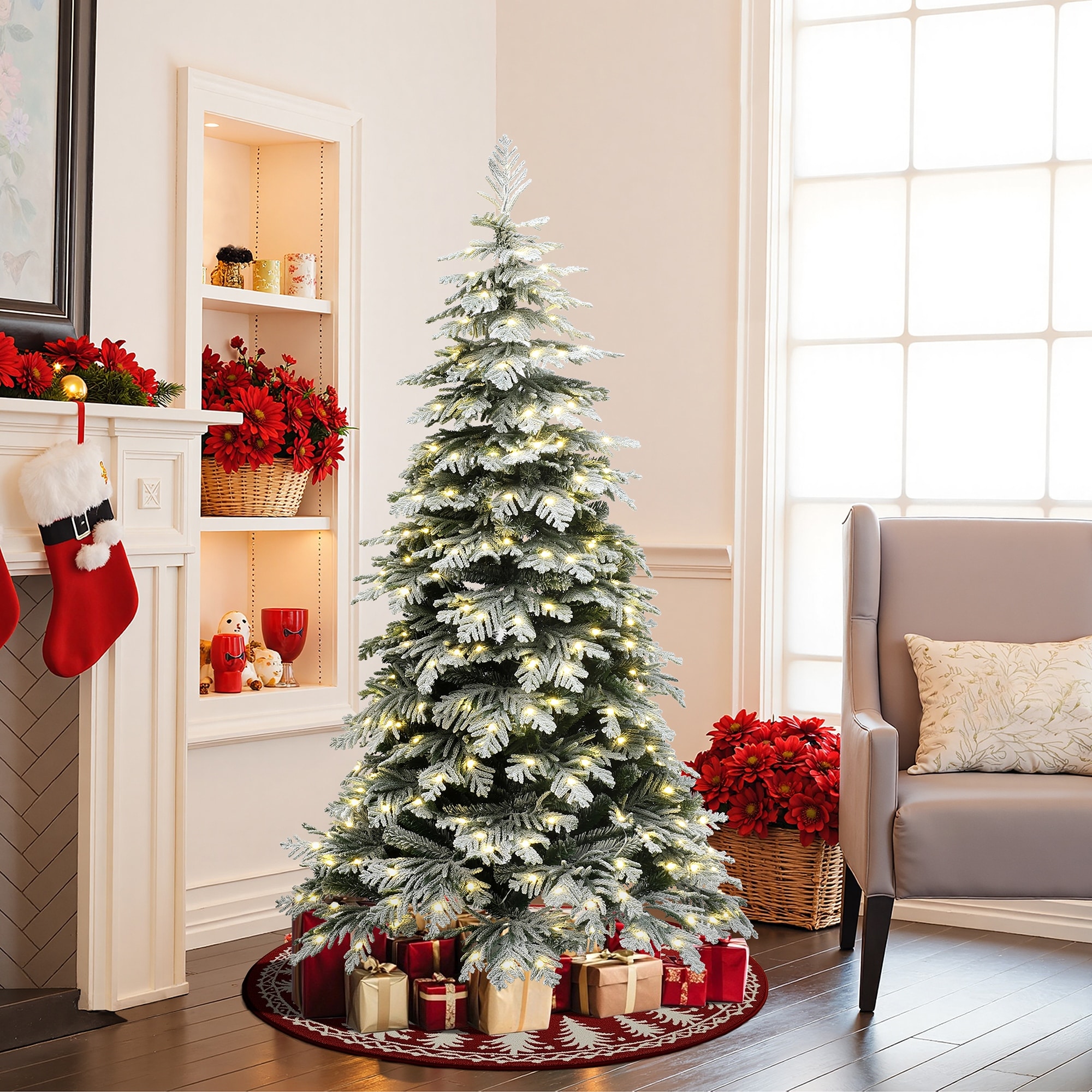 6Ft Pre-Lit Flocked Artificial Spruce Christmas Tree with Metal Stand - 72" H x 48" Diameter