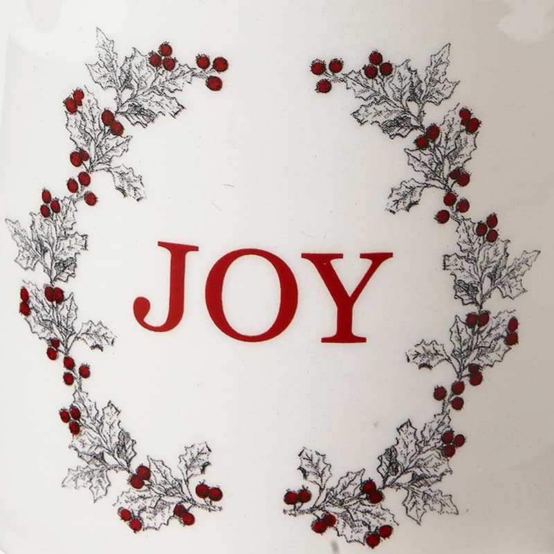 "Farmhouse Christmas" White Earthenware 16 oz. Joy Sentiment Mug Featuring Holly Berries and Leaves, Coffee, Hot Coco, Tea,