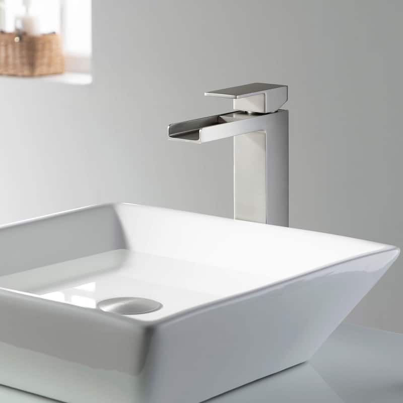 Waterfall Single Handle Bathroom Vessel Sink Faucet with Pop Up Drain