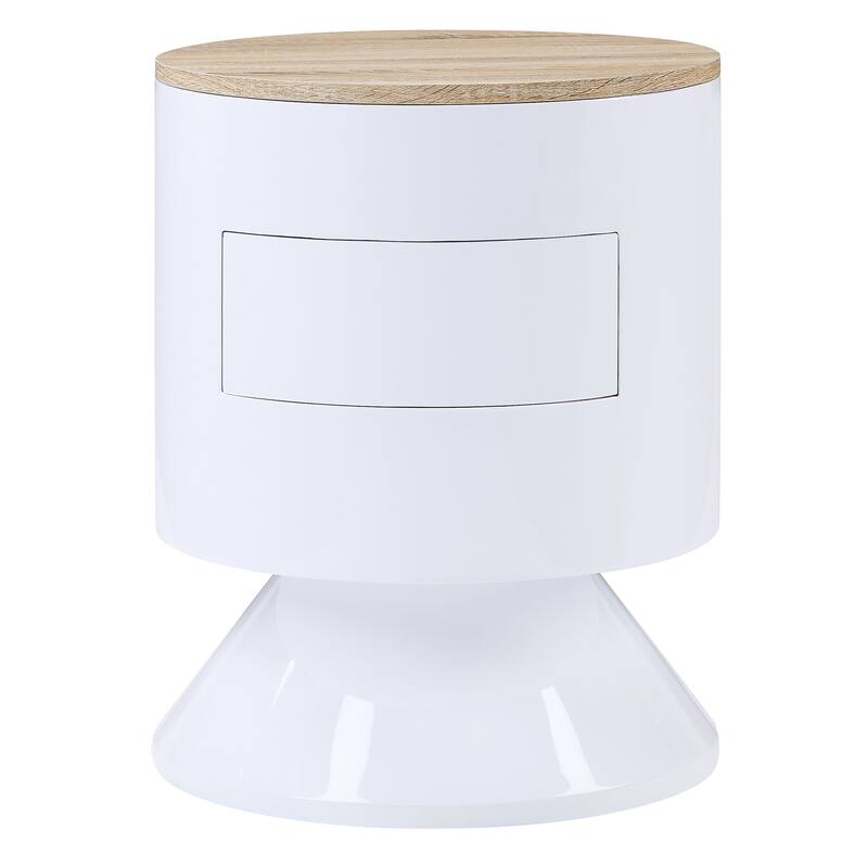 White High Gloss Drum Nightstand with Manual Close Drawer