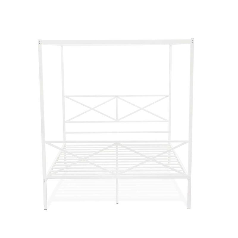 Bohemian Bed Frame with Canopy - Metal Platform Bed - Modern Headboard & Footboard - White Finish