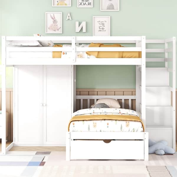 slide 2 of 30, Modern Full Over Twin Bunk Bed with Wardrobe & Drawers White