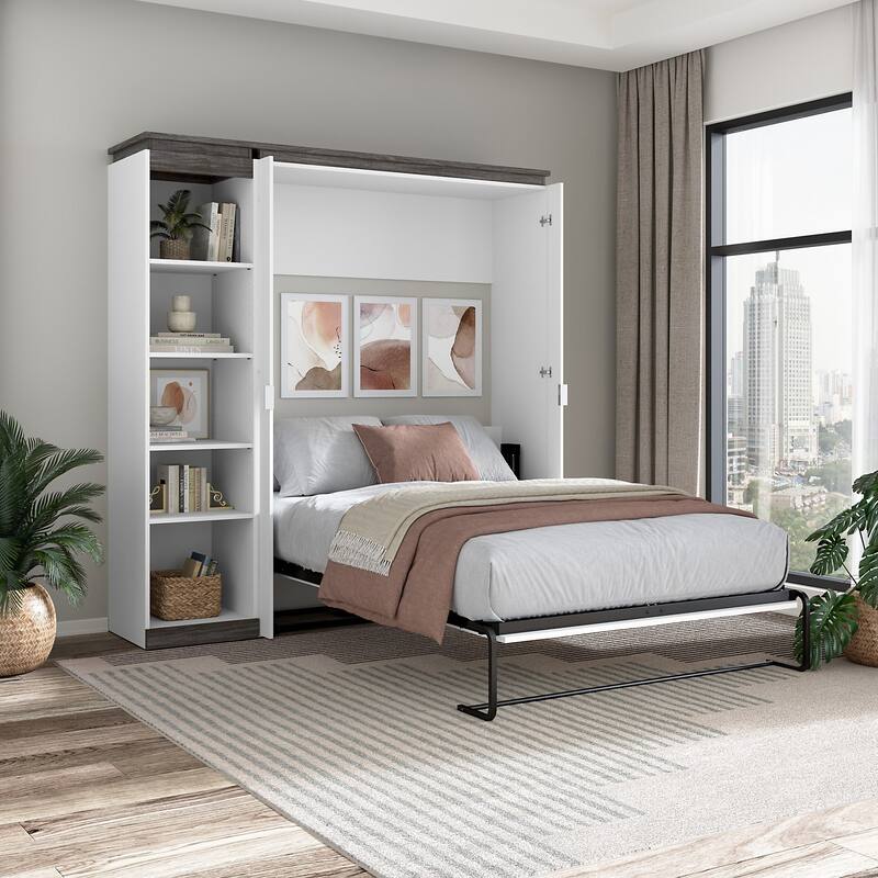 Orion Full Murphy Bed with Shelves (81W) by Bestar - White & Walnut grey