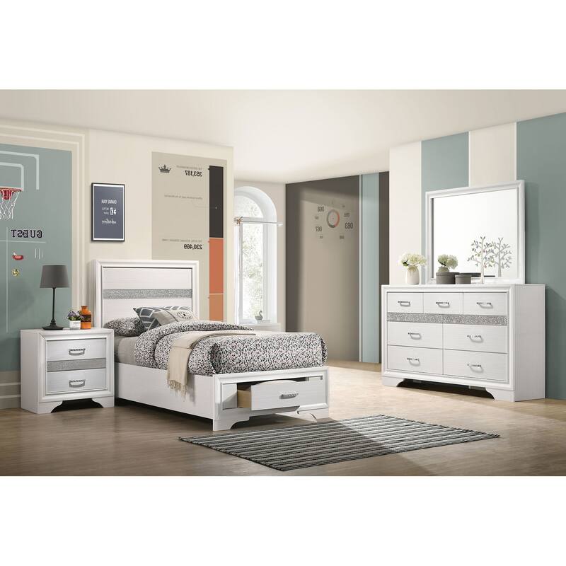 Miranda 4-Piece Storage Bedroom Set with Glittering Stripes - White (Twin, 4-piece) - Twin