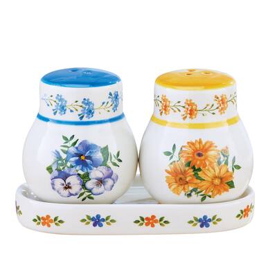 Floral Salt and Pepper Shakers with Matching Tray - 2.31 x 2.31 x 2.75