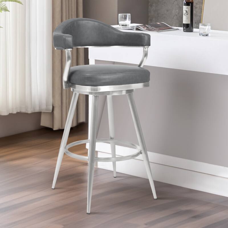 Knw 26 Inch Swivel Counter Stool Chair, Vintage Gray Faux Leather, Chrome