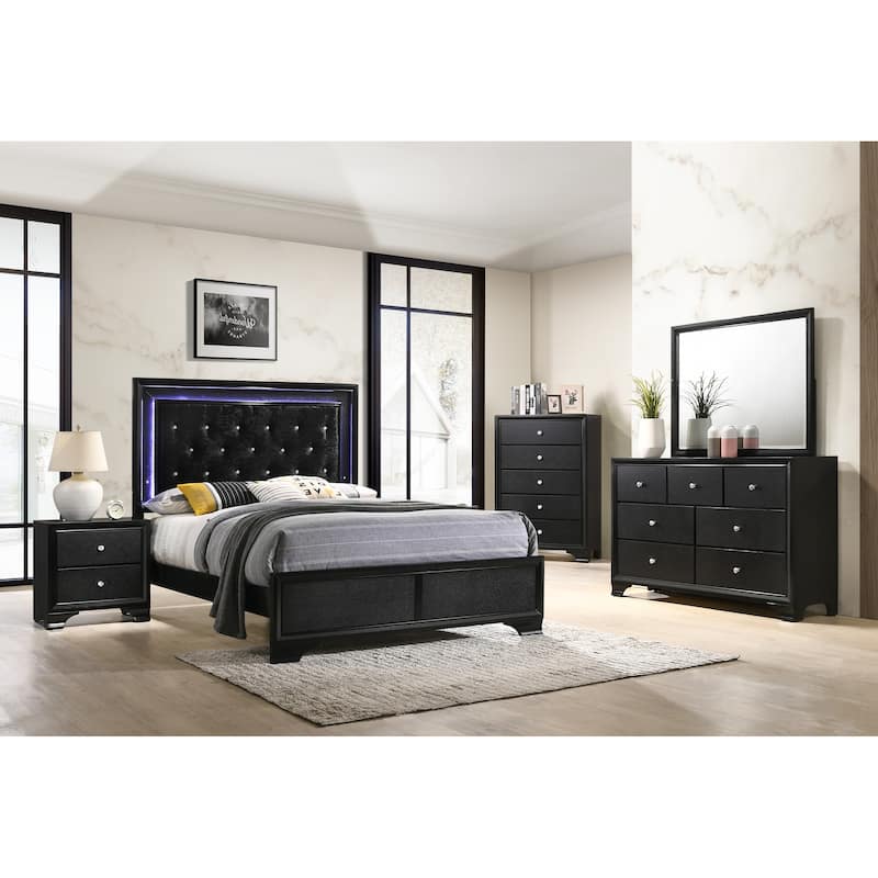 Nathalie Black LED Velvet Upholstered Tufted Panel Bed