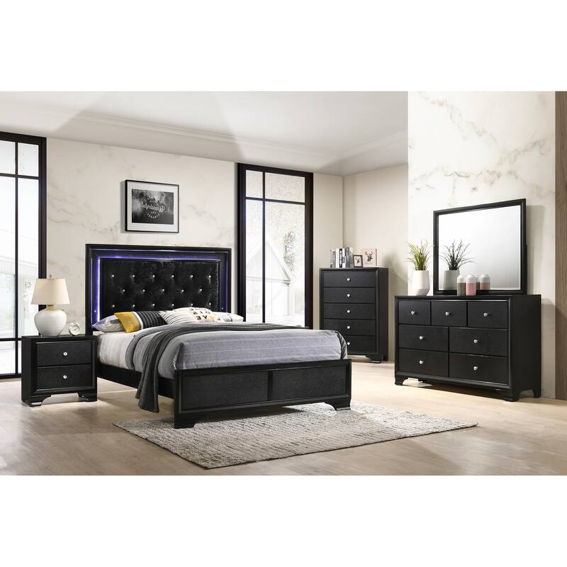 Queen Size LED Panel Bed with Black Finish and Upholstered Headboard