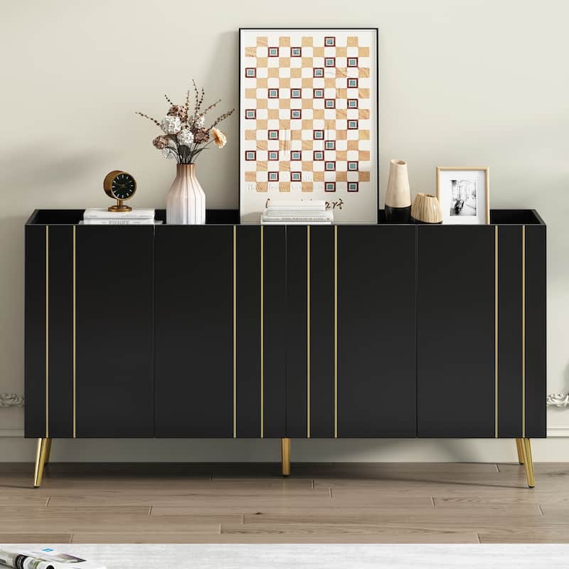 62.9" TV Stand Cabinet with 5 Metal Legs, 4 Adjustable Shelves and Gold Lines Doors for TVs Up to 70"
