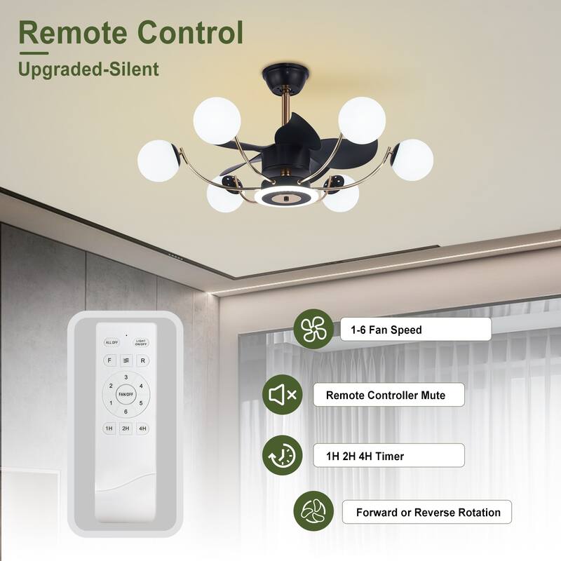 Indoor Black Modern Ceiling Fan with Light, Reversible Fandelier with Bulbs and Remote for Living Room