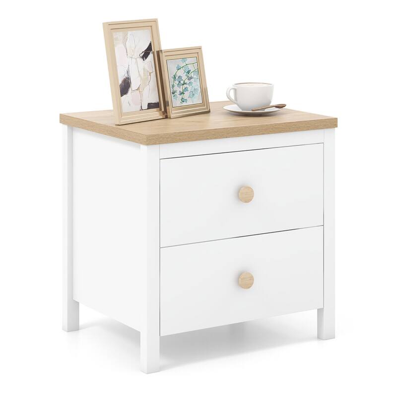 Gymax Nightstand Farmhouse Side End Table w/ Solid Wood Legs & 2 - White