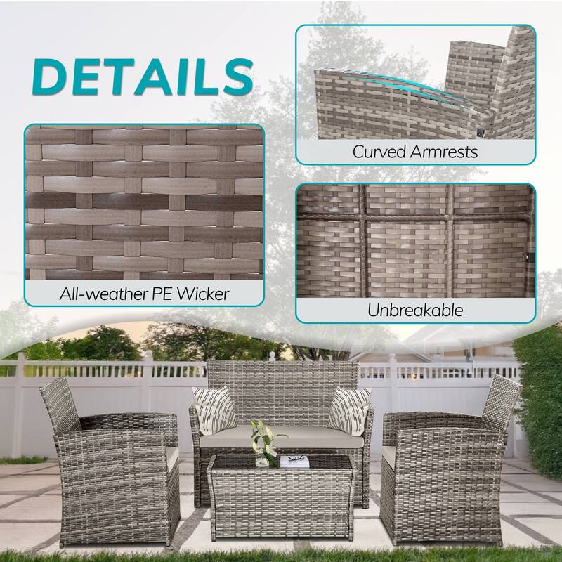 4 Piece Outdoor PE Wicker Furniture Set, Patio Brown Rattan Sectional Sofa Couch with Washable Cushions