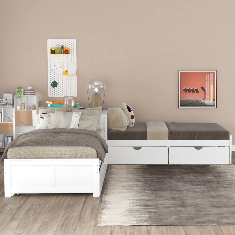 L-shaped Daybed Sets Twin Size Platform Bed w/Trundle, Drawers & Desk - White - Twin