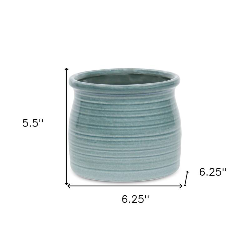 HomeRoots Celadon Ceramic 51 Ounce Striped Round Distressed Pot Planter - 6.25 in. x 5.50 in. x 6.25 in.