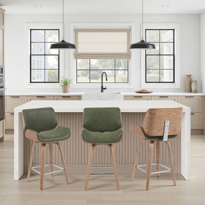 Tyler Mid-Century Swivel Bar Stool, Upholstered Counter Height Chair with Bentwood Legs - Vintage Green & White Wash - Counter Height - Set of 3