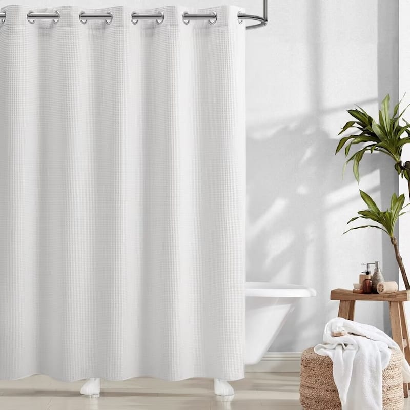 No Hook Cotton Blend Waffle Shower Curtain with Snap-in Liner