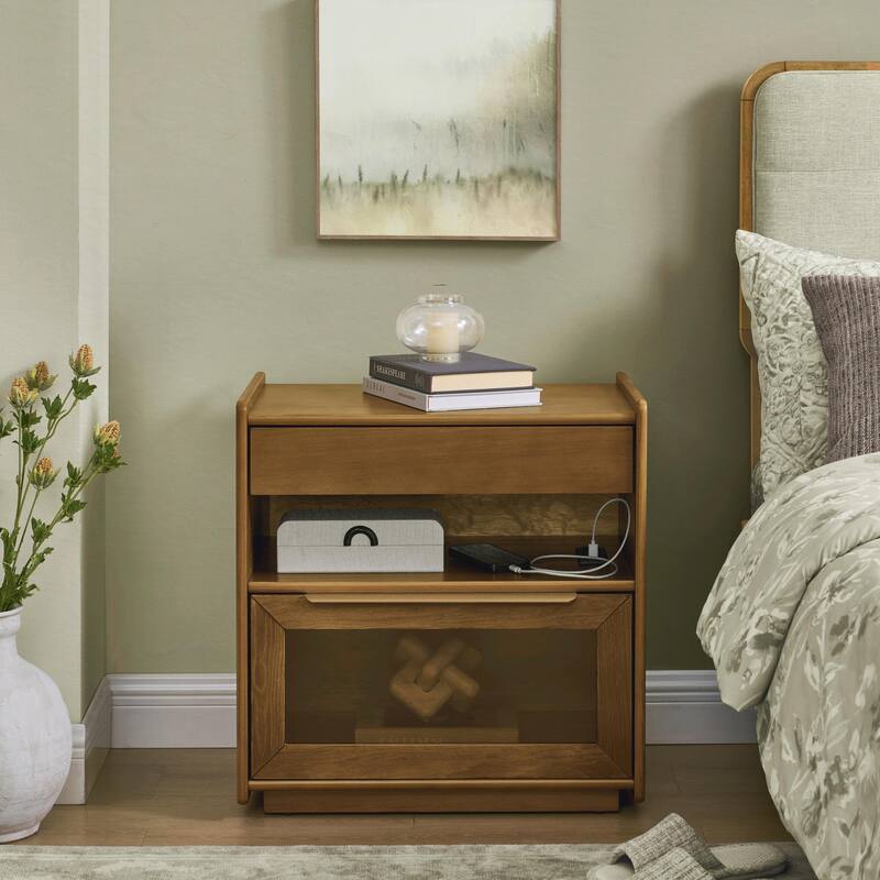 Mid Century Modern Nightstand with Charging Station & Outlet Hole & 2 Drawers