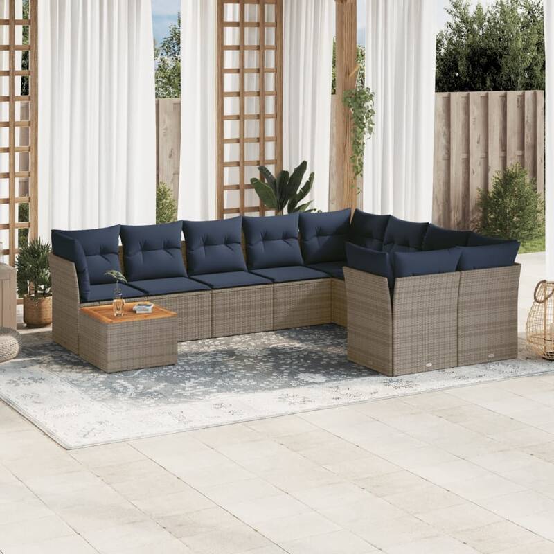 vidaXL Patio Sofa Set with Cushions Outdoor Furniture 10 Piece Poly Rattan - 24.4x 24.4x 27.2 - Grey-form 4