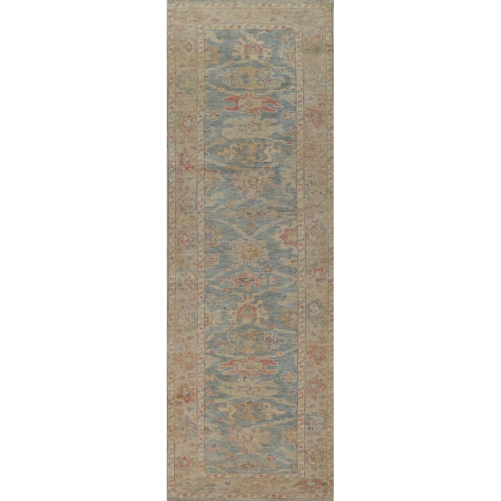 Hand Knotted Oriental 100% Wool Carpet Transitional All-Over Navy Blue & Blues Oushak Runner Rug - 11' 2'' X 2' 11''