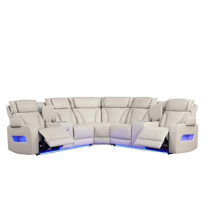 Jazz 117"W Leather Aire Power Reclining Sectional Sofa w/Power Headrest, Bluetooth Speakers, LED, USB, Storage & Cupholders