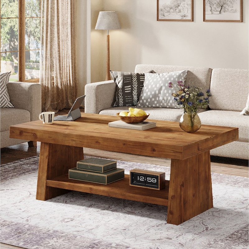 Solid Wood Coffee Table with Storage Shelves, 2 Tier Center Table for Living Room, Farmhouse Style