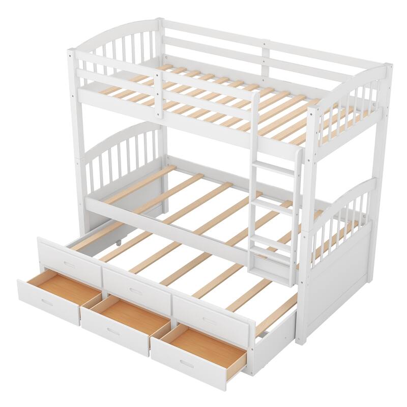 Twin Over Twin Bunk Bed w/Trundle, Wooden Detachable Bunkbeds Frame