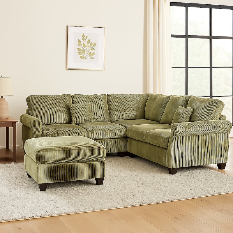 Fero 4pc L Sectional Sofa, Wedge n Ottoman Set, Sage Green Corduroy