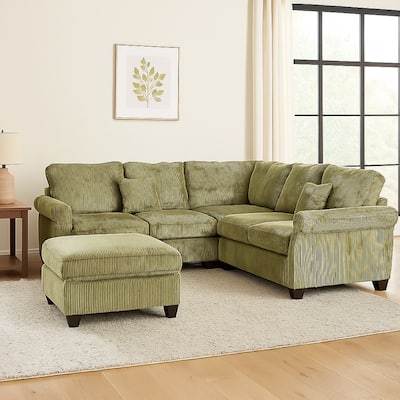Fero 4pc L Sectional Sofa, Wedge n Ottoman Set, Sage Green Corduroy
