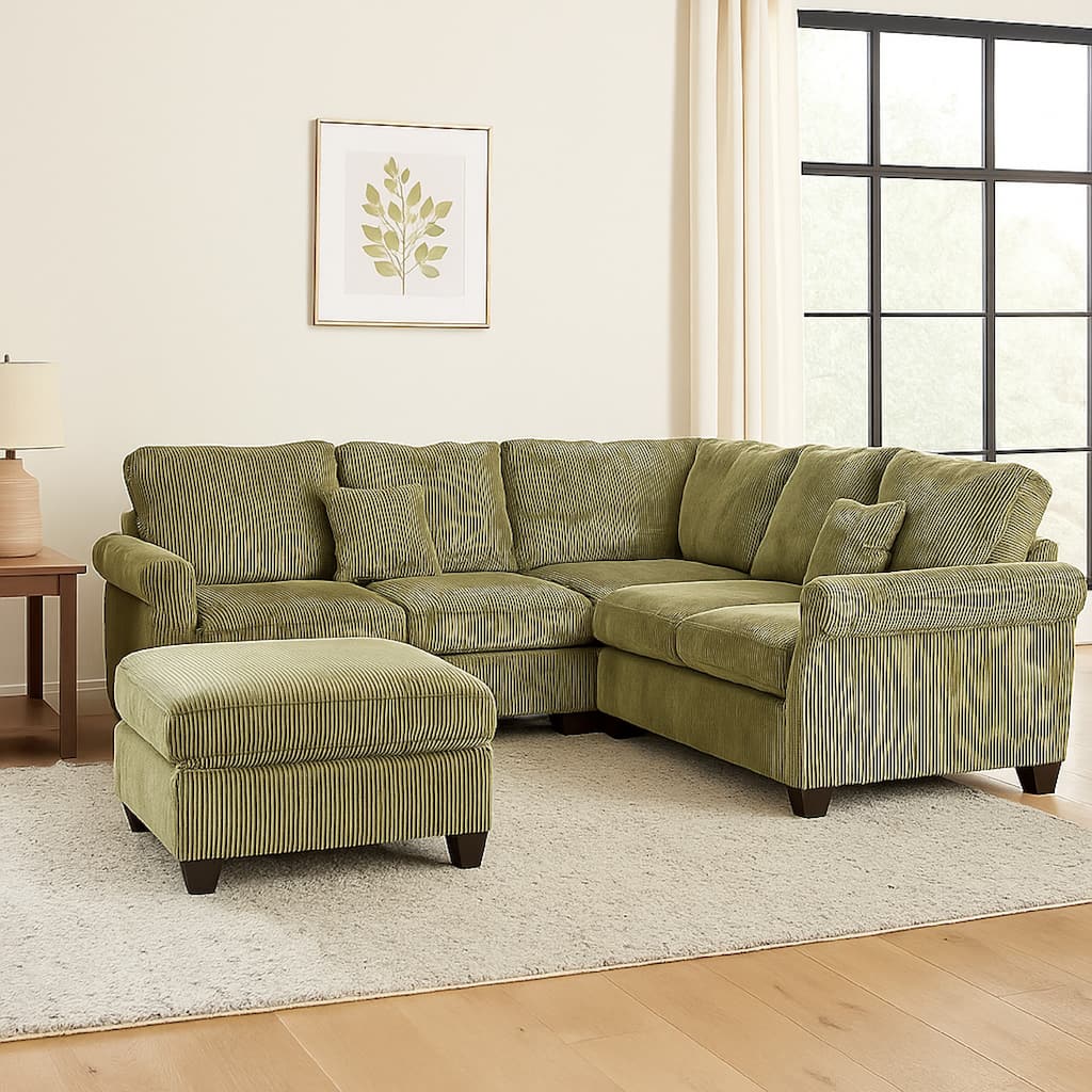 Fero 4pc L Sectional Sofa, Wedge n Ottoman Set, Sage Green Corduroy