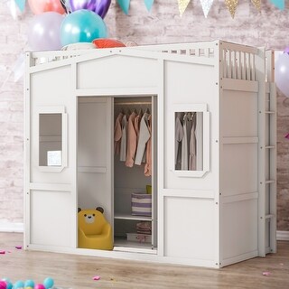 Twin Size House Loft Bed With Ladder and Wardrobe