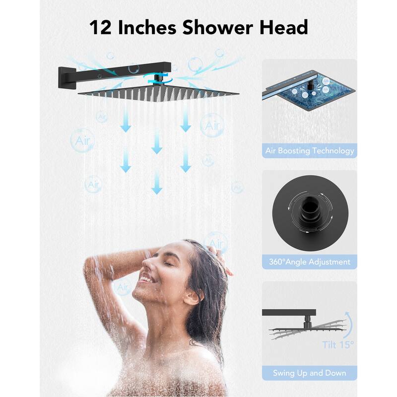 Wall-Mounted Shower Fixture System 12 in Rain Shower Head LCD Digital Thermostatic Valve Shower Faucet Set with 3 Body Jets