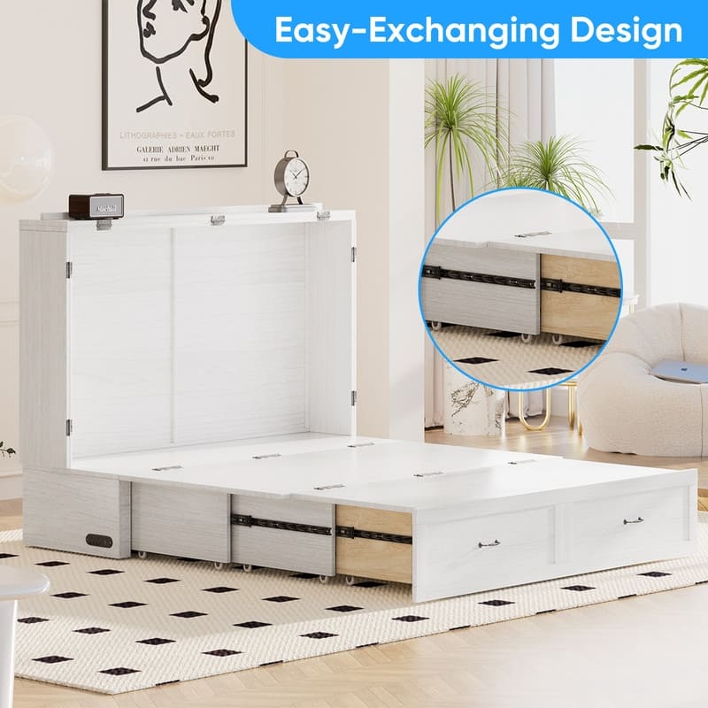 Mixoy Modern Queen Size Murphy Bed with 4.7''Mattress,USB ports,Storage Drawers